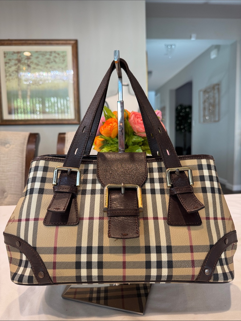 Authentic Burberry Beige Plaid Handbag with Dark Brown Leather Trim